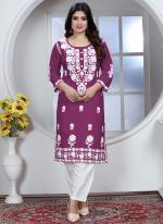 Rayon Wine Casual Wear Chikankari Work Readymade Kurti With Pant